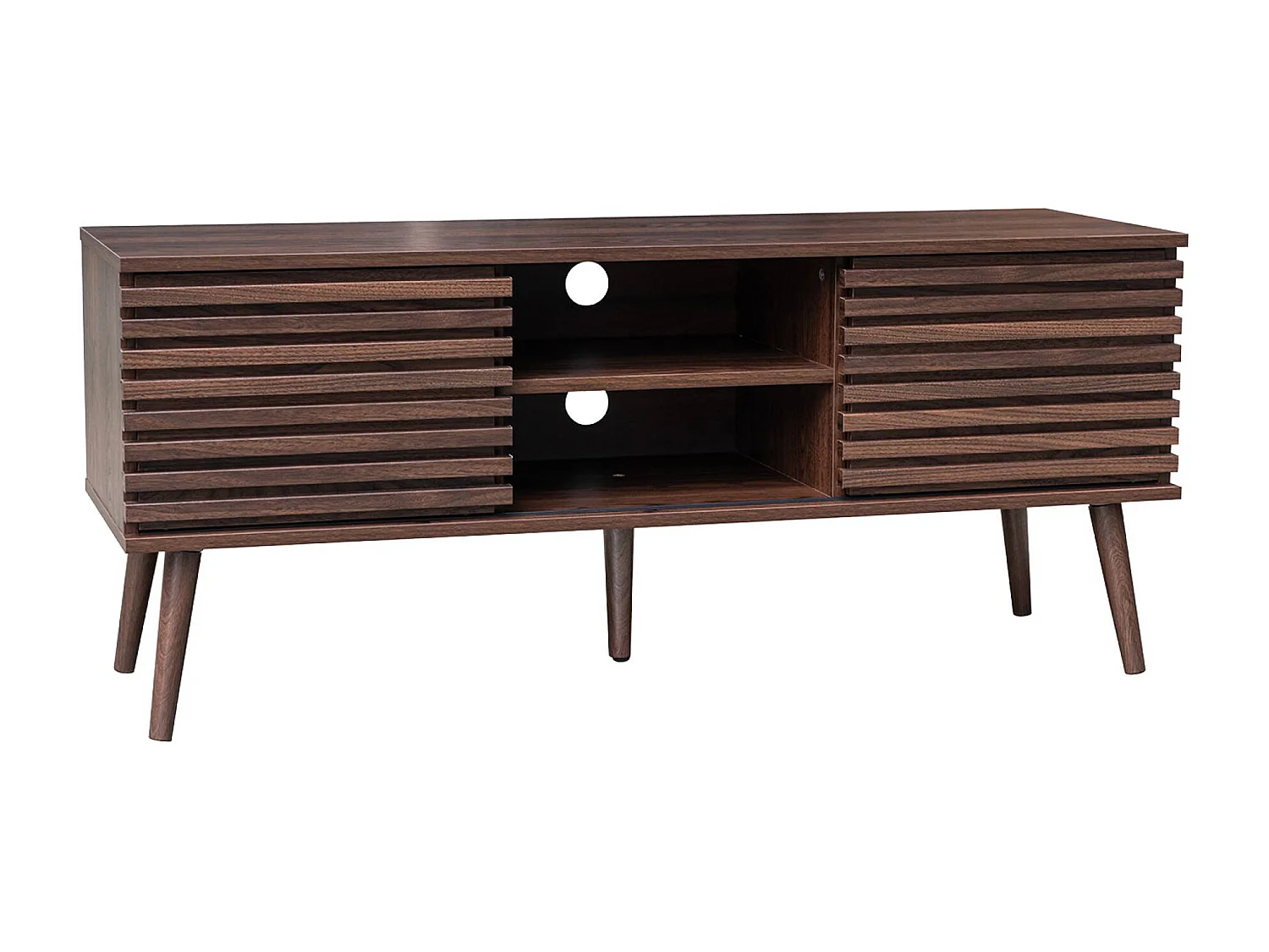 Meuble TV scandinave avec 2 portes décor bois noyer rainuré et 1 niche centrale avec étagère L120cm
