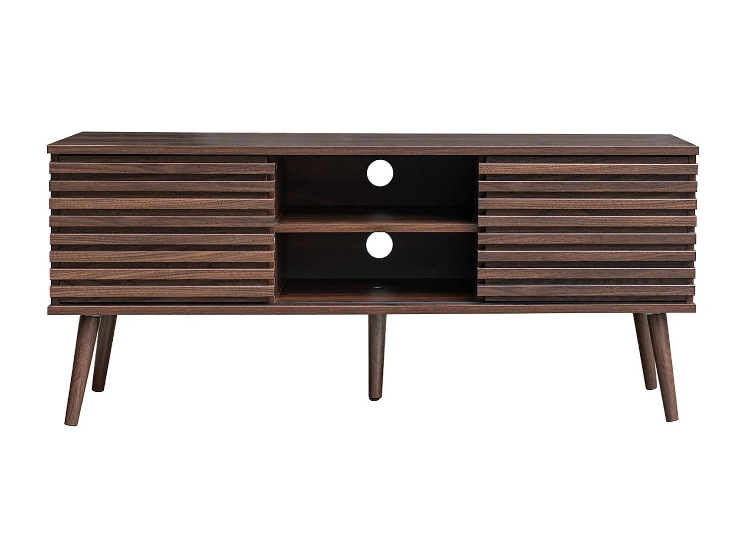 Meuble TV scandinave avec 2 portes décor bois noyer rainuré et 1 niche centrale avec étagère L120cm
