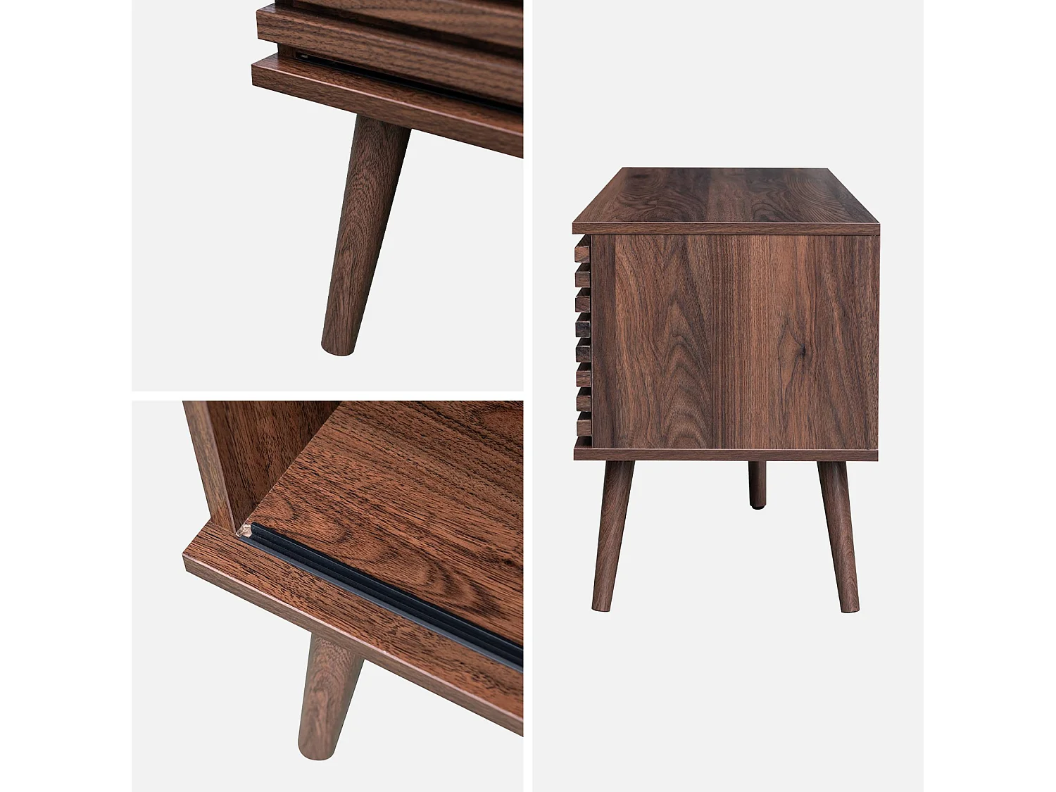 Meuble TV scandinave avec 2 portes décor bois noyer rainuré et 1 niche centrale avec étagère L120cm