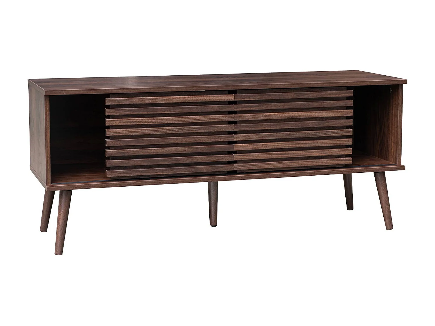 Meuble TV scandinave avec 2 portes décor bois noyer rainuré et 1 niche centrale avec étagère L120cm