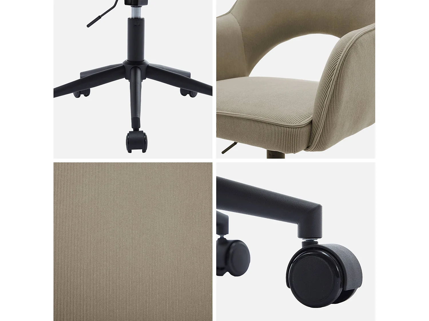 Silla de oficina con ruedas de pana fina y base negra beige