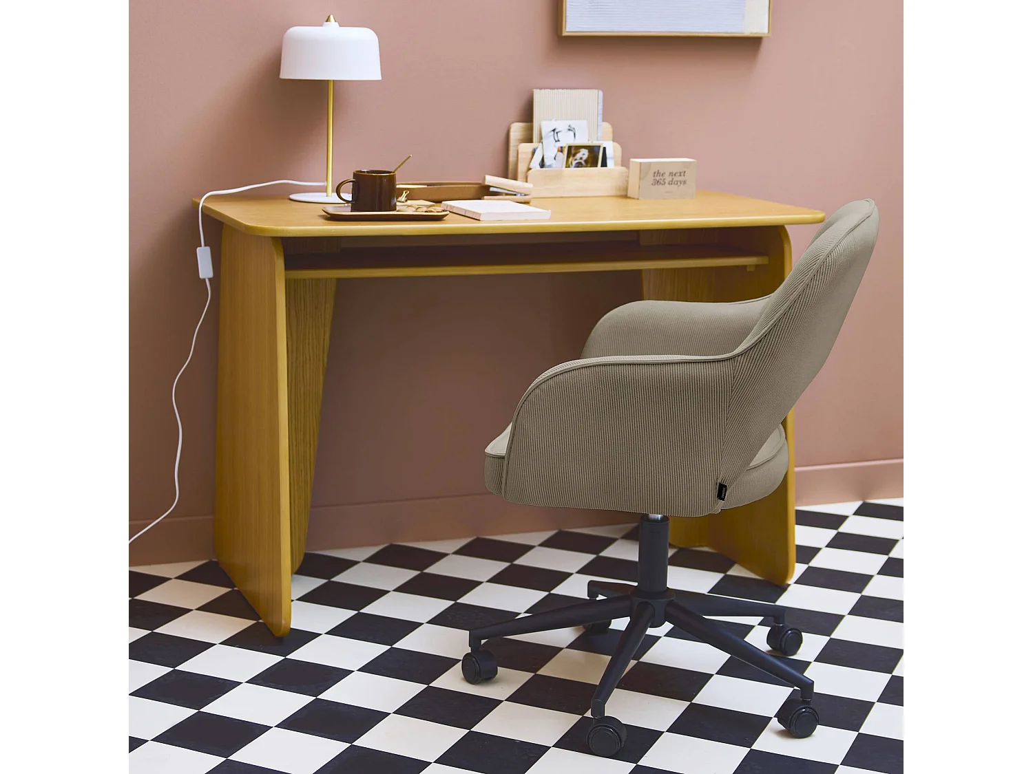 Chaise de bureau à roulettes velours côtelé beige L 60 x P 62 x H 89 / 99cm