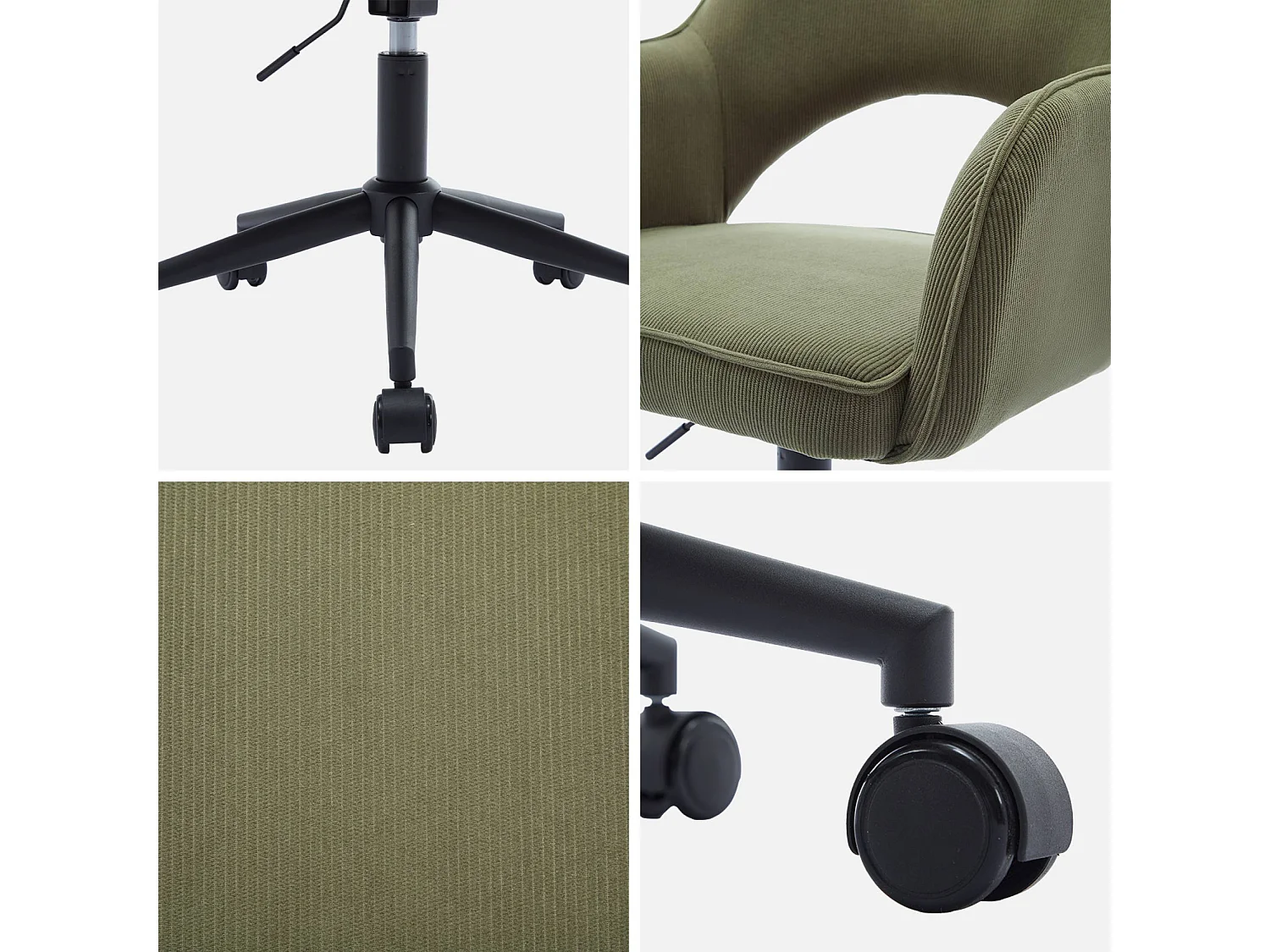 Chaise de bureau à roulettes velours côtelé kaki. L 60 x P 62 x H 89 / 99cm