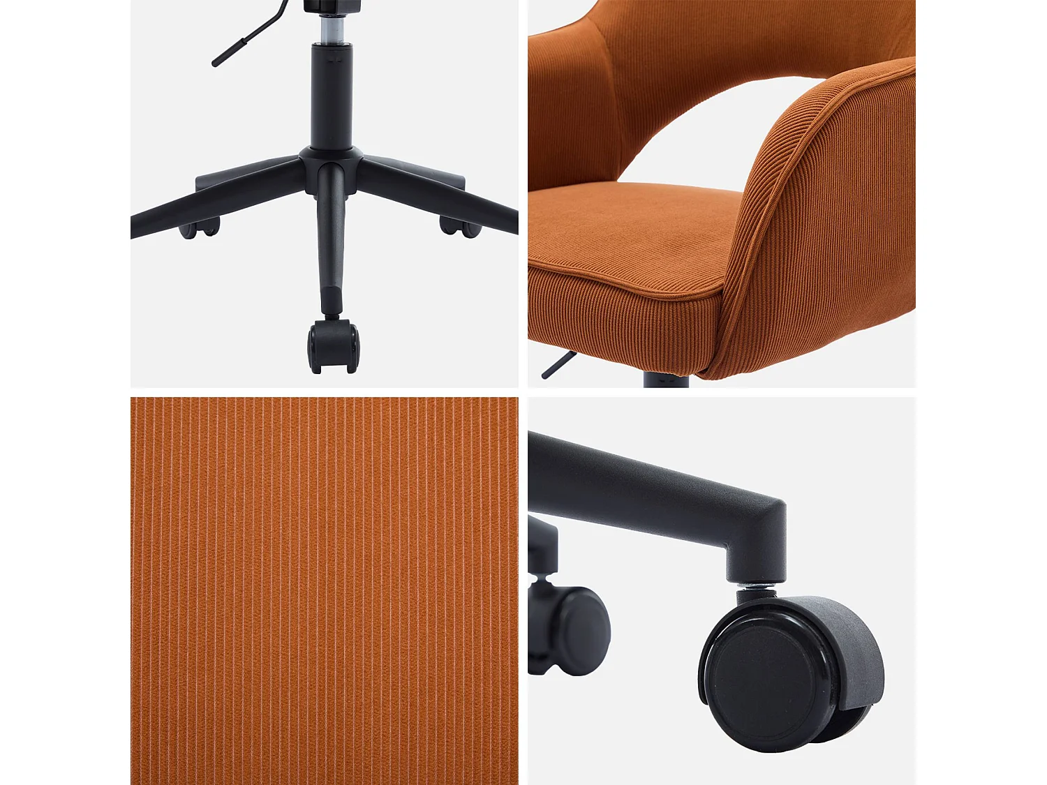 Chaise de bureau à roulettes velours côtelé camel L 60 x P 62 x H 89 / 99cm