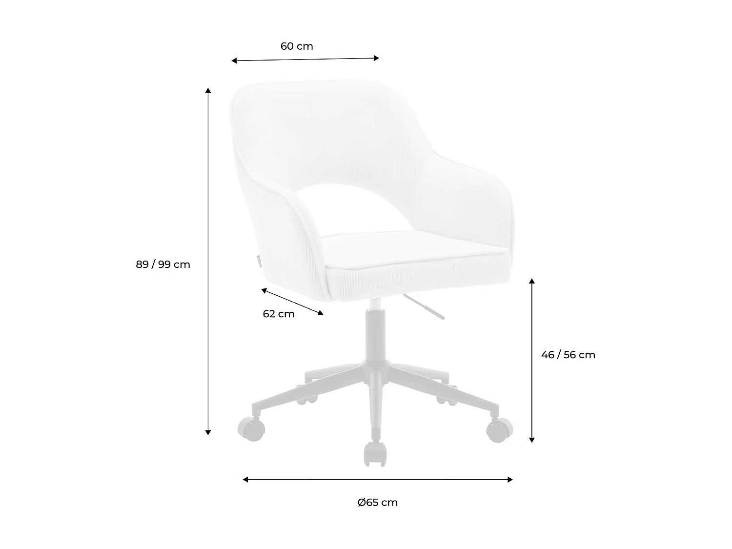 Sedia da ufficio in velluto a coste con rotelle, bianco sporco
