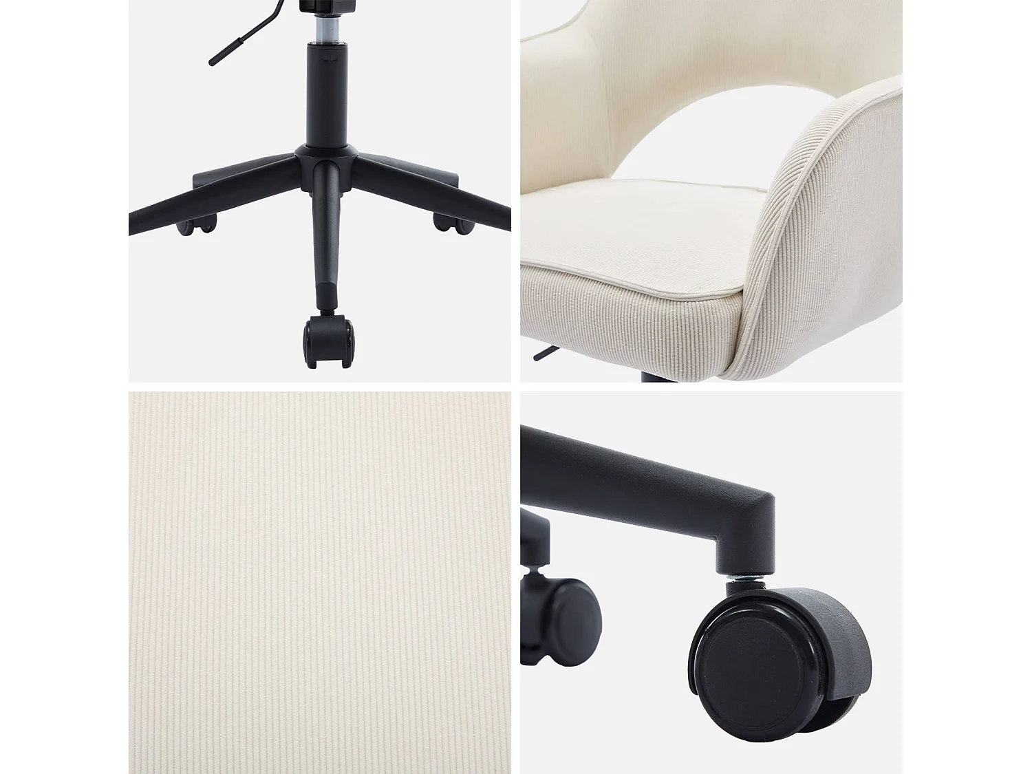 Silla de oficina con ruedas de pana fina y base negra blanco roto