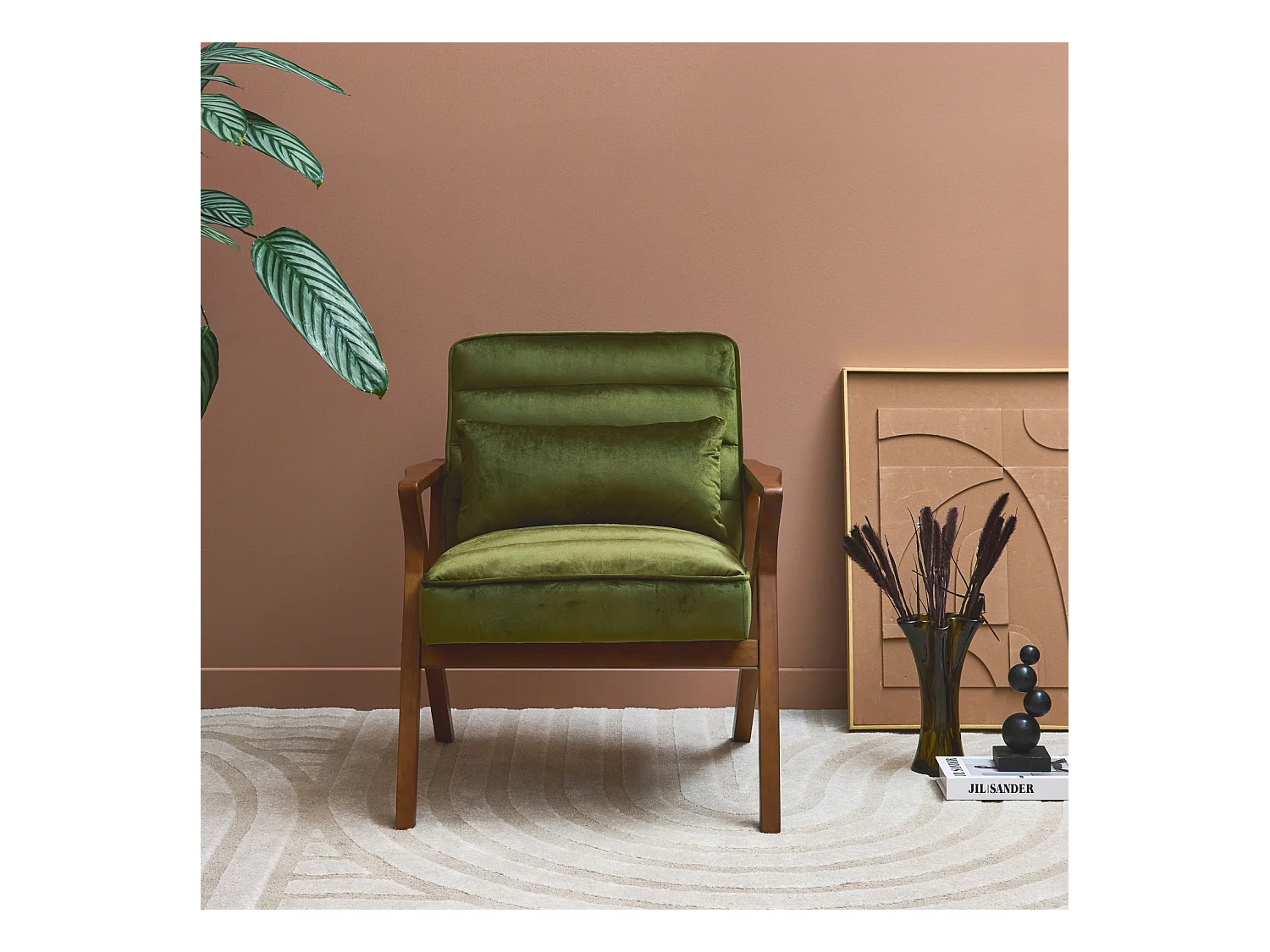 Fauteuil scandinave bois d'hévéa et velours kaki