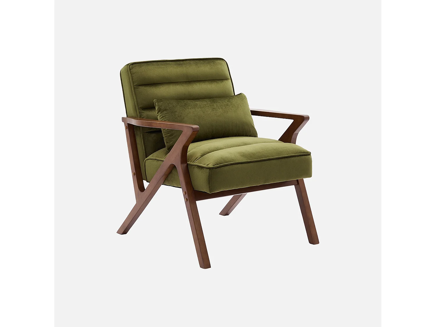 Sillón escandinavo de madera de hevea y terciopelo verde kaki