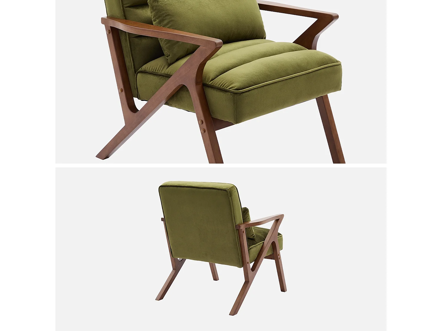Sillón escandinavo de madera de hevea y terciopelo verde kaki