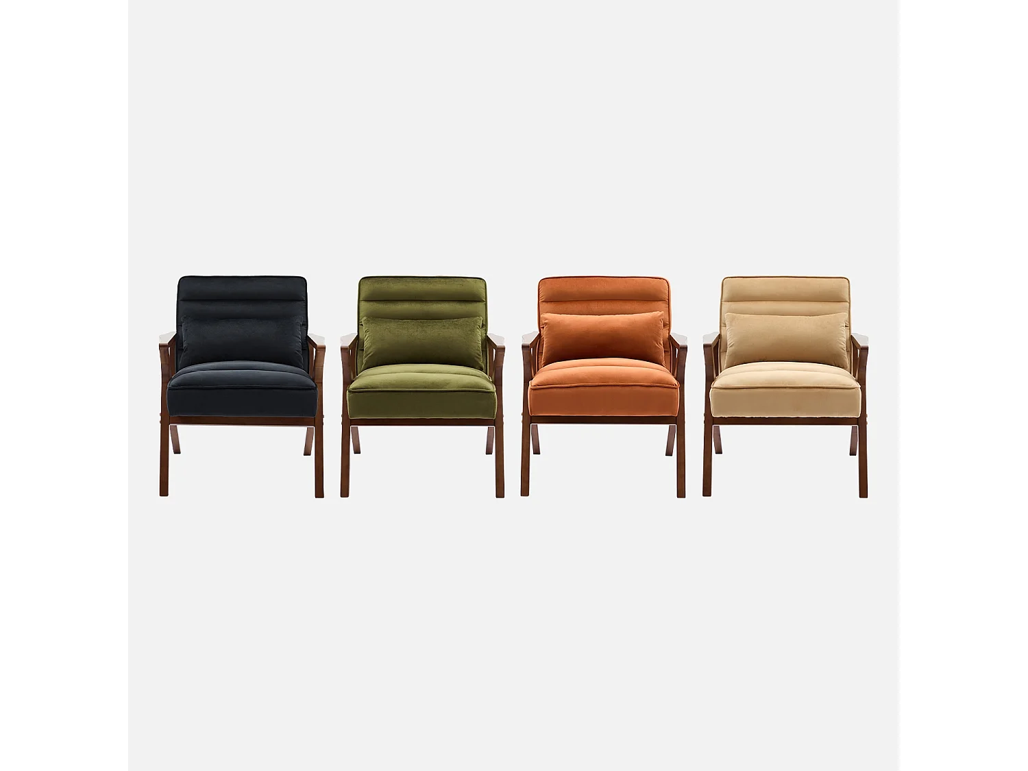 Fauteuil scandinave bois d'hévéa et velours kaki