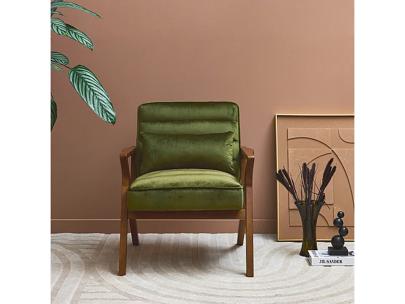 Fauteuil scandinave bois d'hévéa et velours kaki