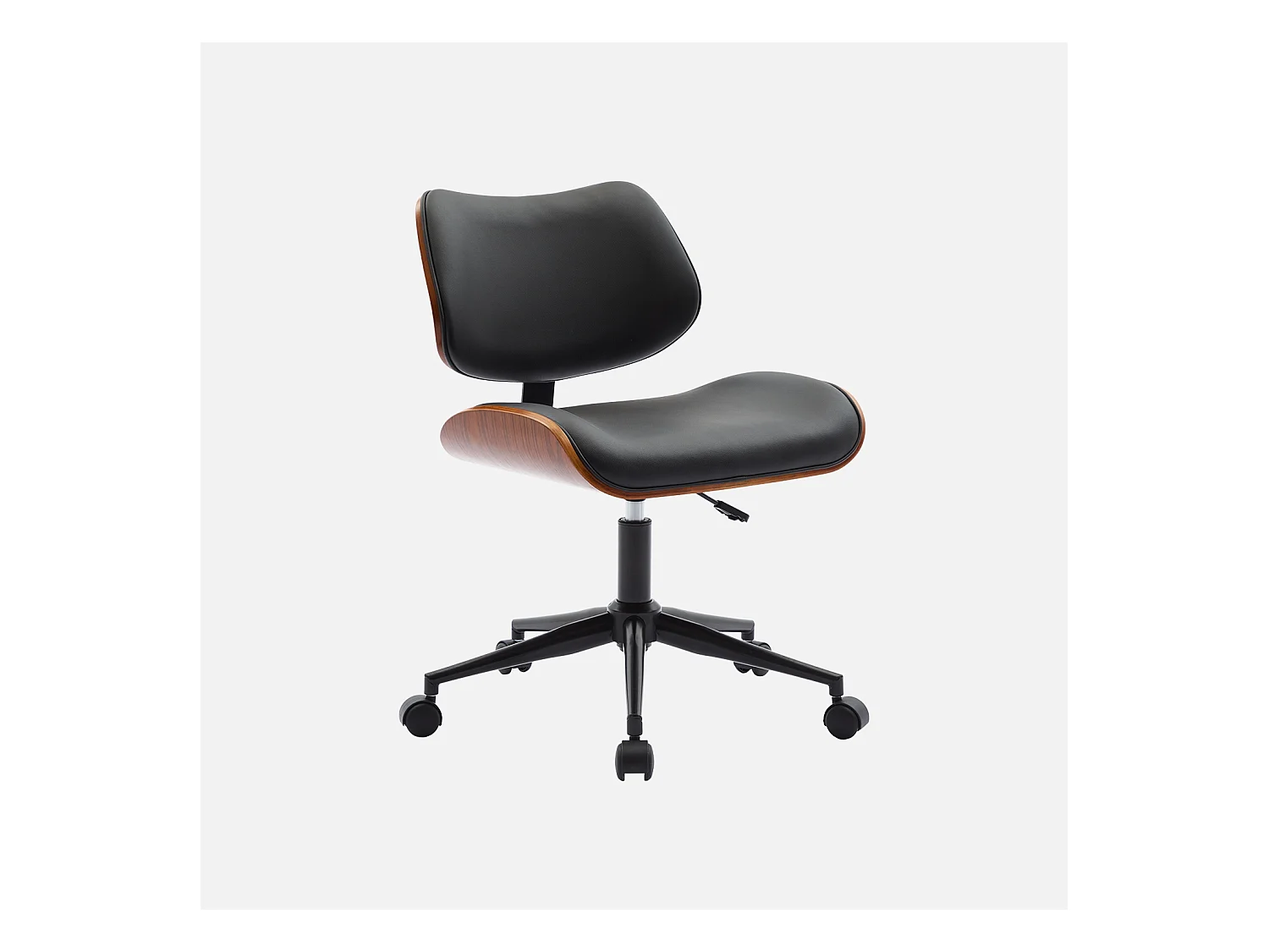 Chaise de bureau à roulettes décor bois courbé placage effet noyer et simili cuir noir