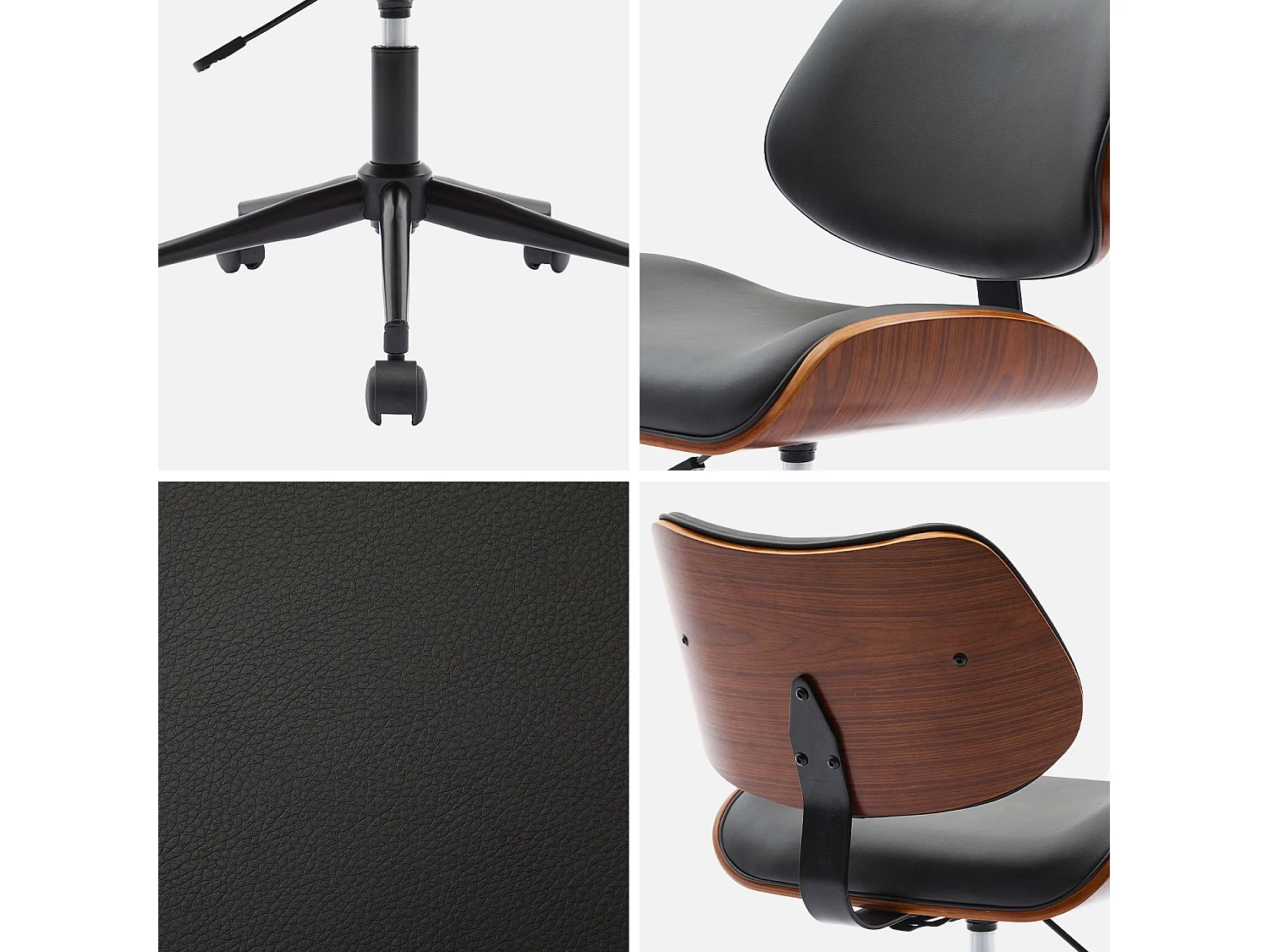 Sedia da ufficio con rotelle, effetto legno curvato e similpelle, nero