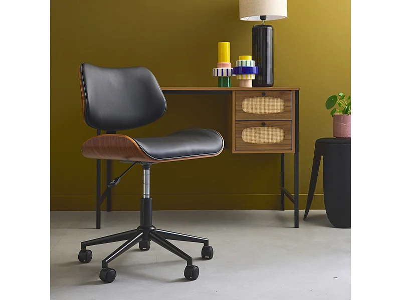 Sedia da ufficio con rotelle, effetto legno curvato e similpelle, nero