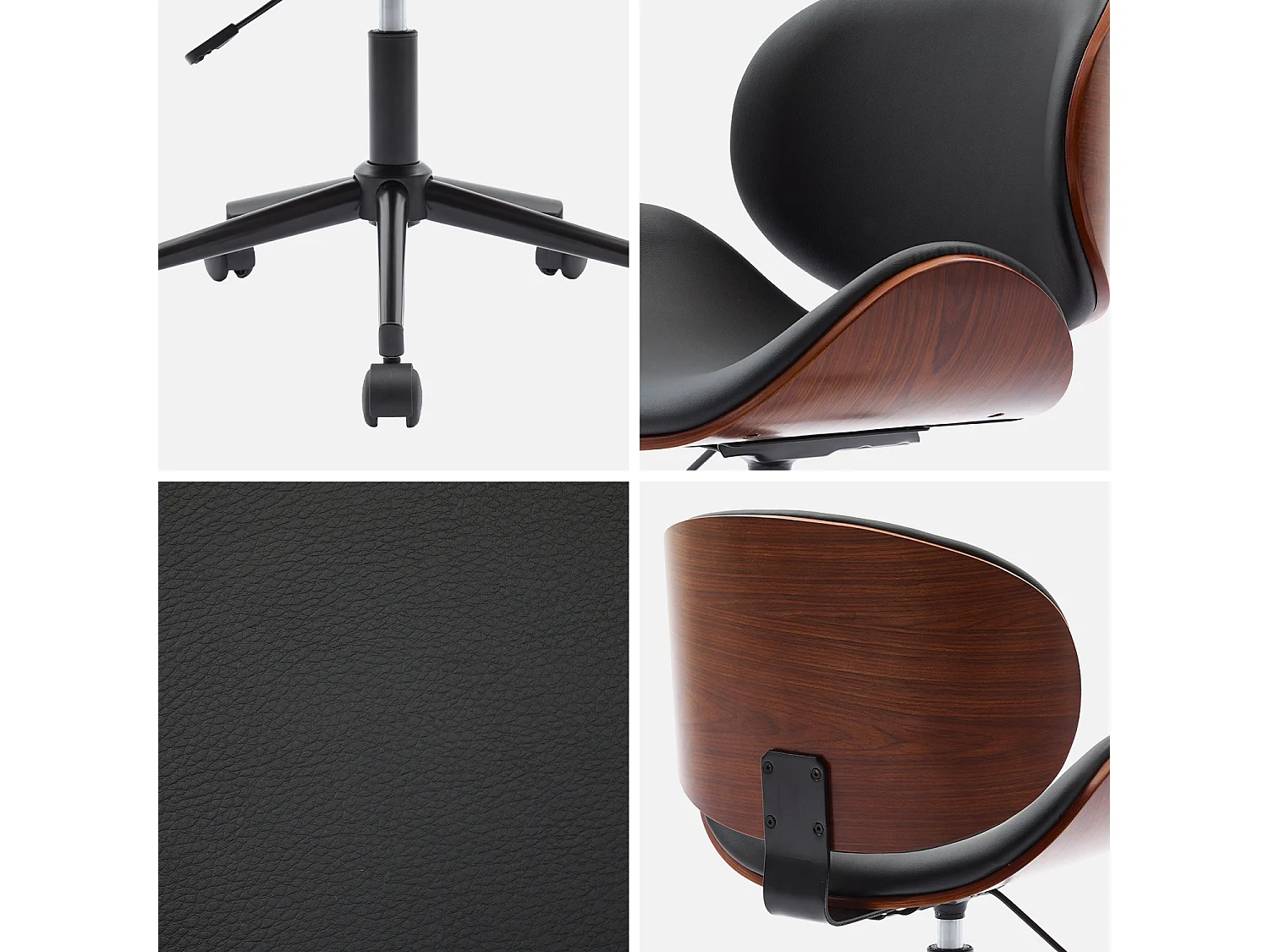 Sedia da ufficio con rotelle, effetto legno curvato e similpelle, nero