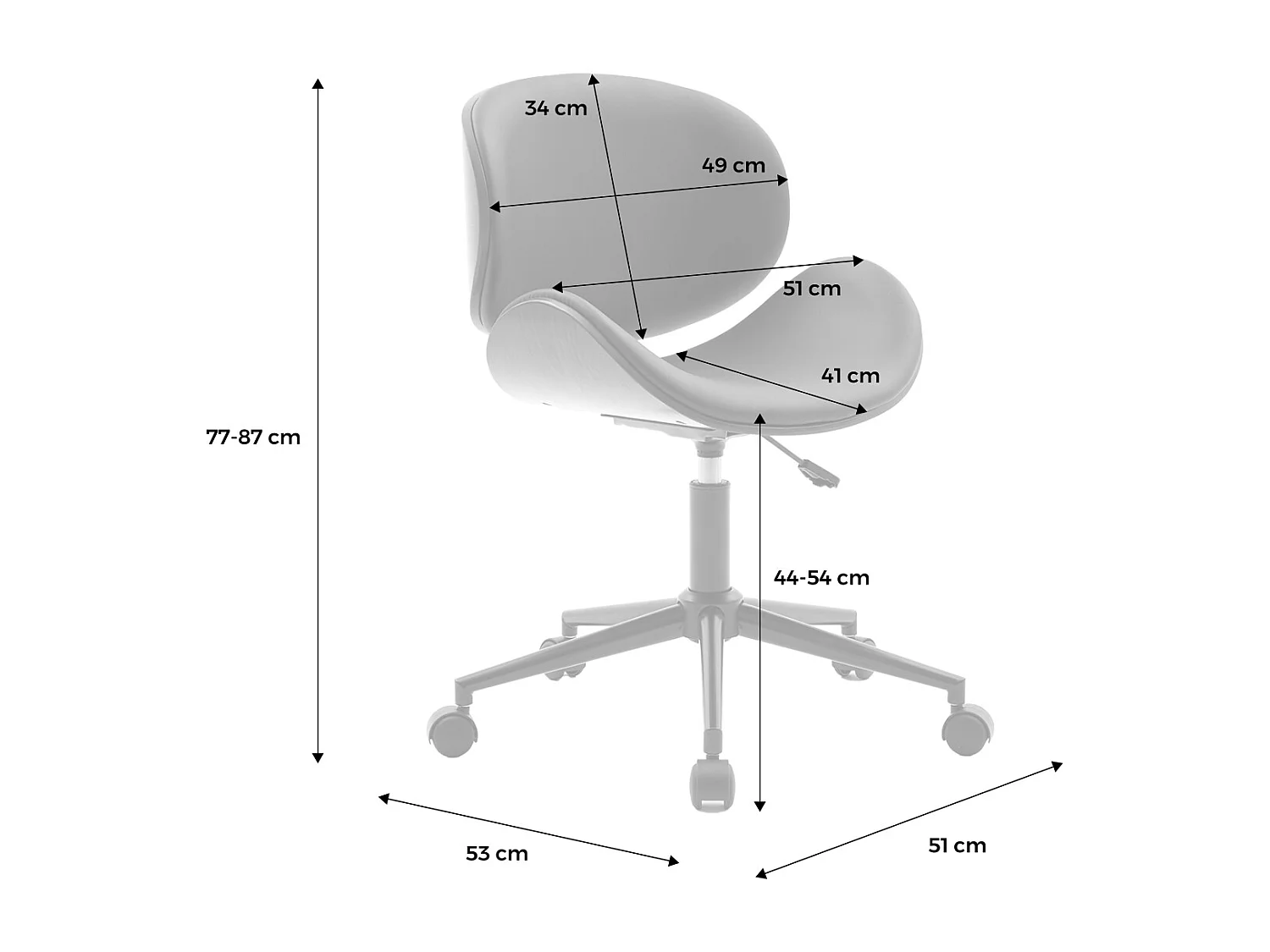 Sedia da ufficio con rotelle, effetto legno curvato e similpelle, nero