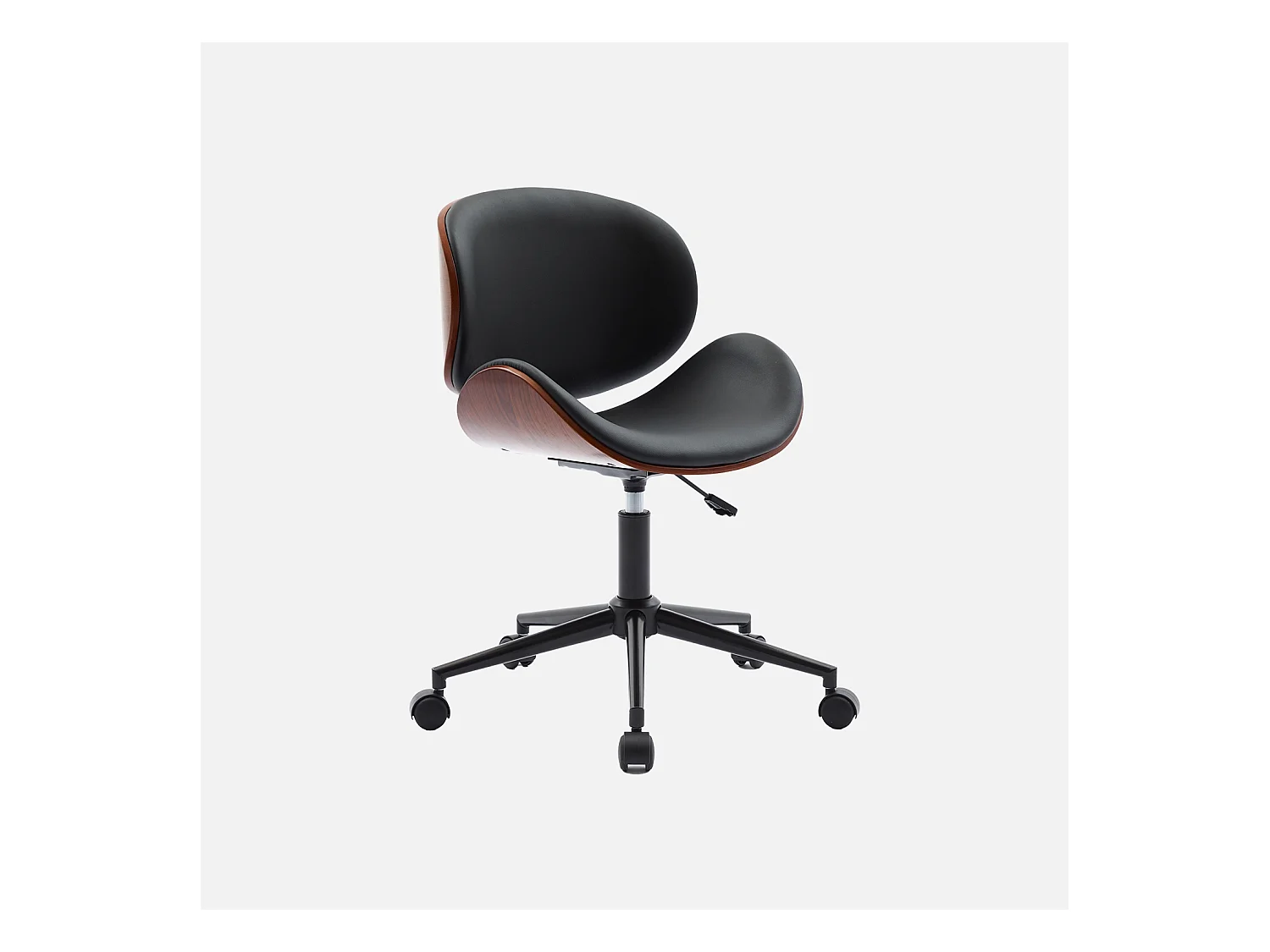 Chaise de bureau à roulettes bois courbé avec placage effet noyer et assise noire