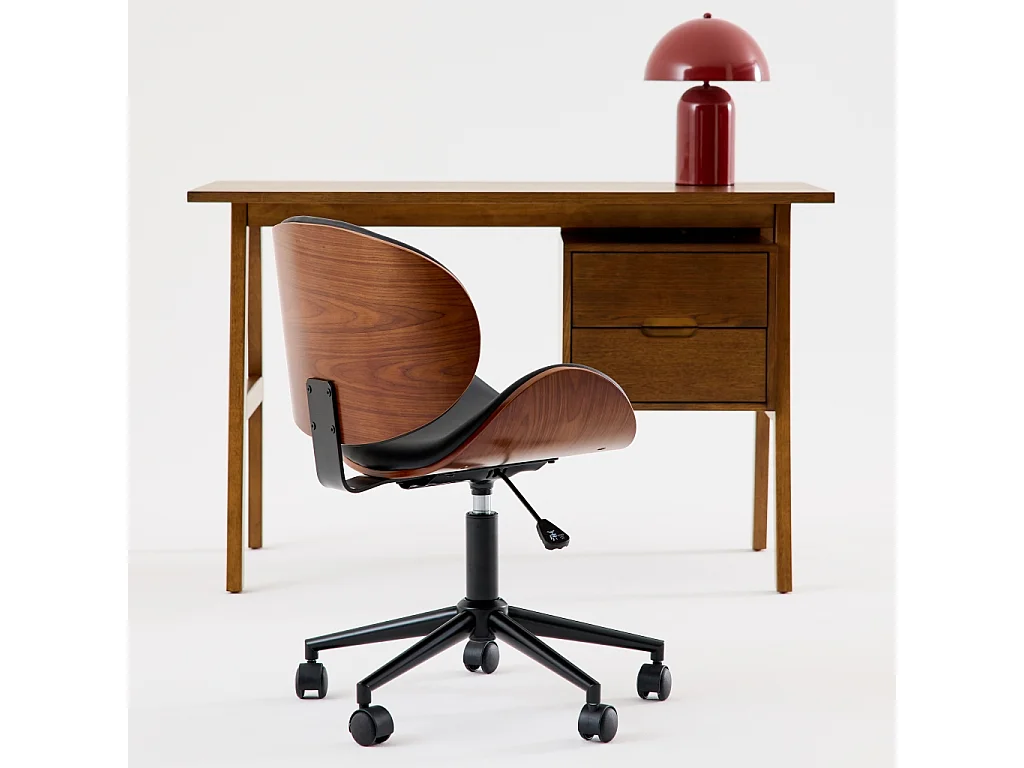 Chaise de bureau à roulettes bois courbé avec placage effet noyer et assise noire