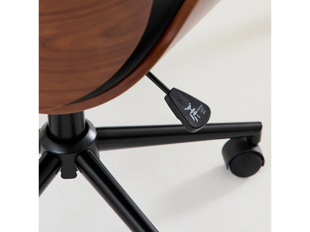 Chaise de bureau à roulettes bois courbé avec placage effet noyer et assise noire