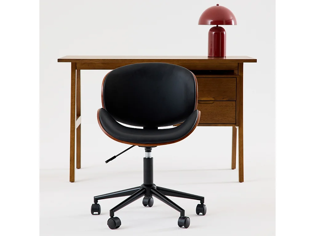 Chaise de bureau à roulettes bois courbé avec placage effet noyer et assise noire