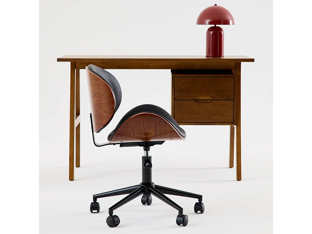 Chaise de bureau à roulettes bois courbé avec placage effet noyer et assise noire