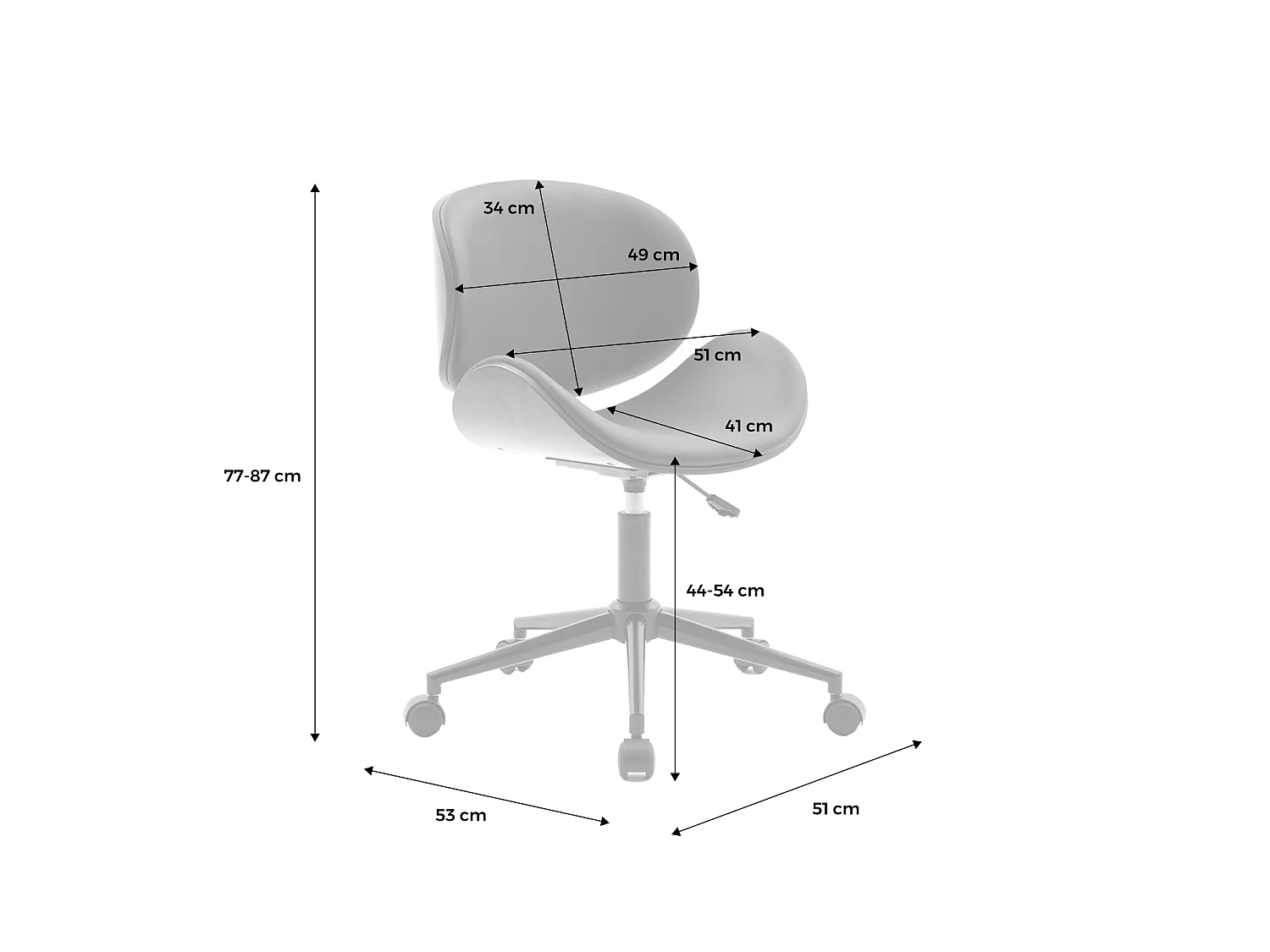 Chaise de bureau à roulettes bois courbé avec placage effet noyer et assise noire