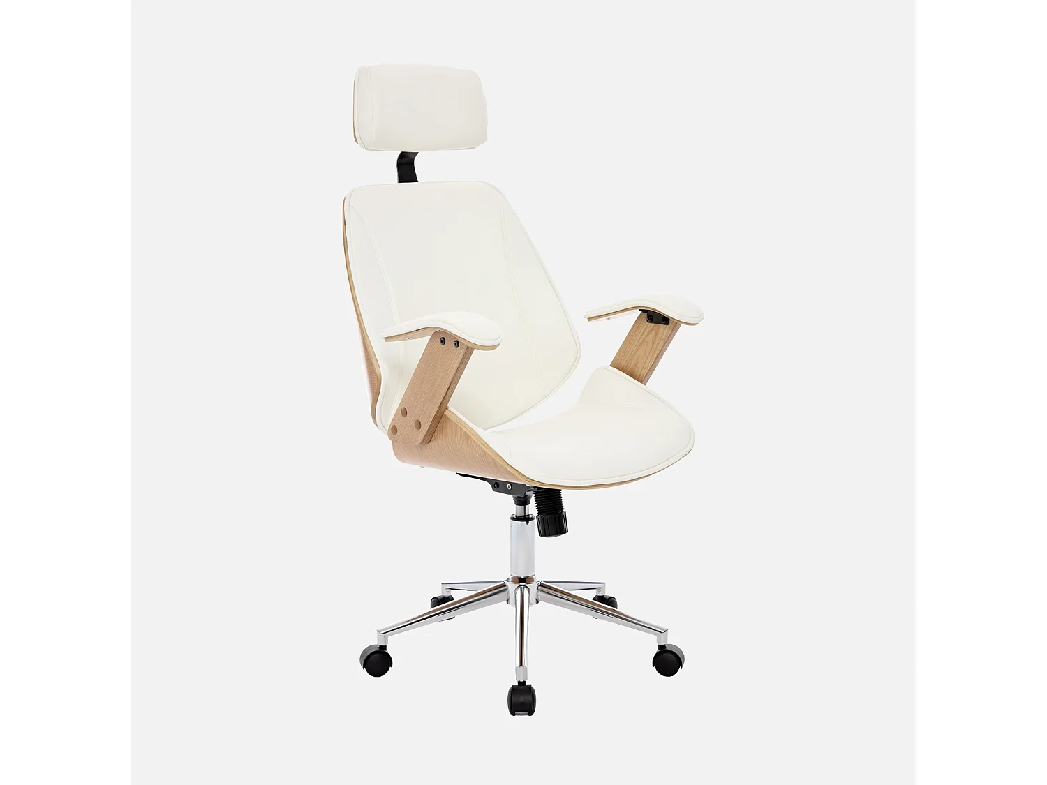 Chaise de bureau à roulettes décor bois courbé placage effet chêne et simili cuir blanc