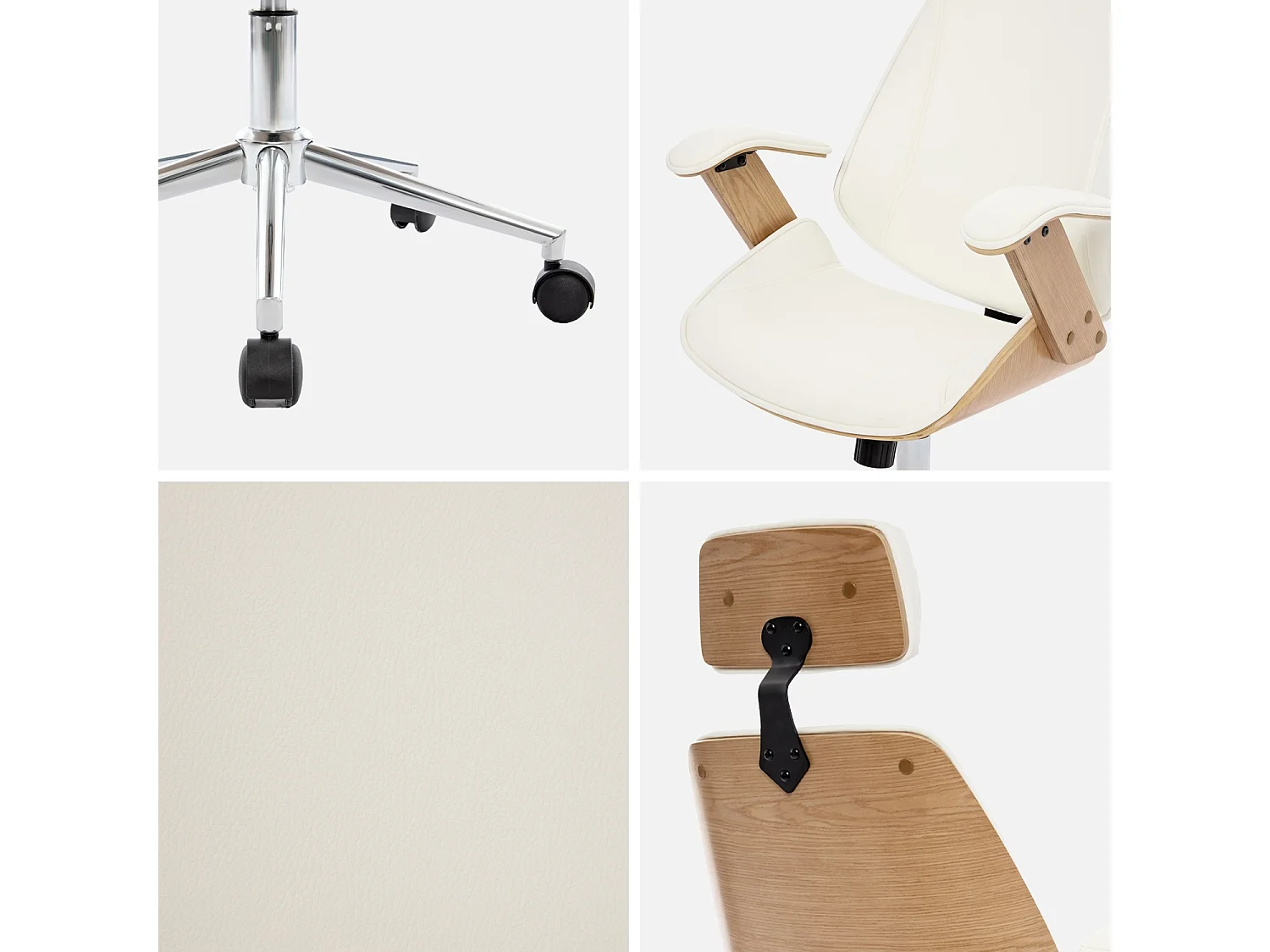 Chaise de bureau à roulettes décor bois courbé placage effet chêne et simili cuir blanc