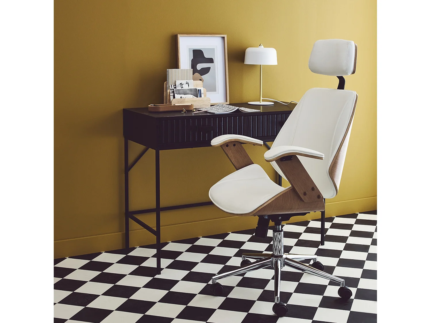 Chaise de bureau à roulettes décor bois courbé placage effet chêne et simili cuir blanc