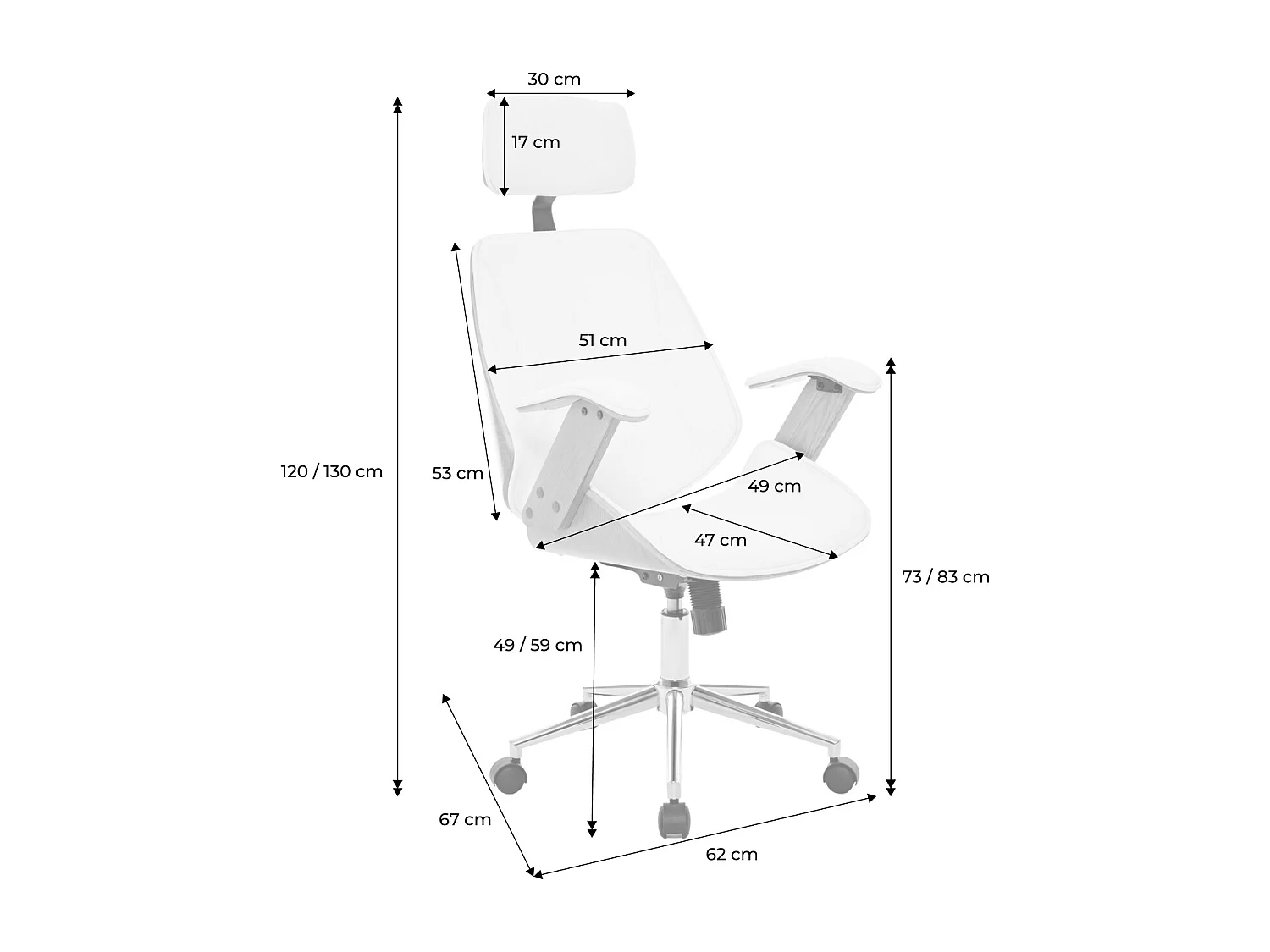 Sedia da ufficio con rotelle, effetto legno curvato e similpelle,