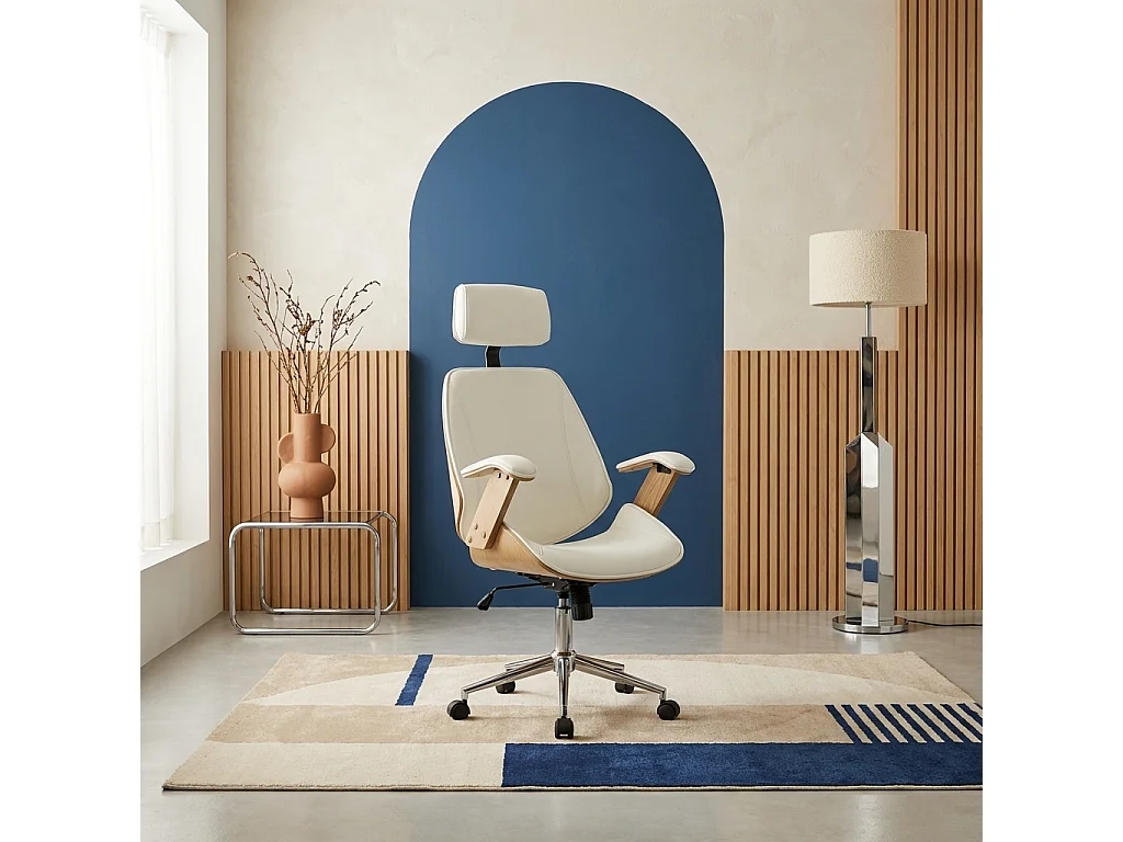 Sedia da ufficio con rotelle, effetto legno curvato e similpelle,