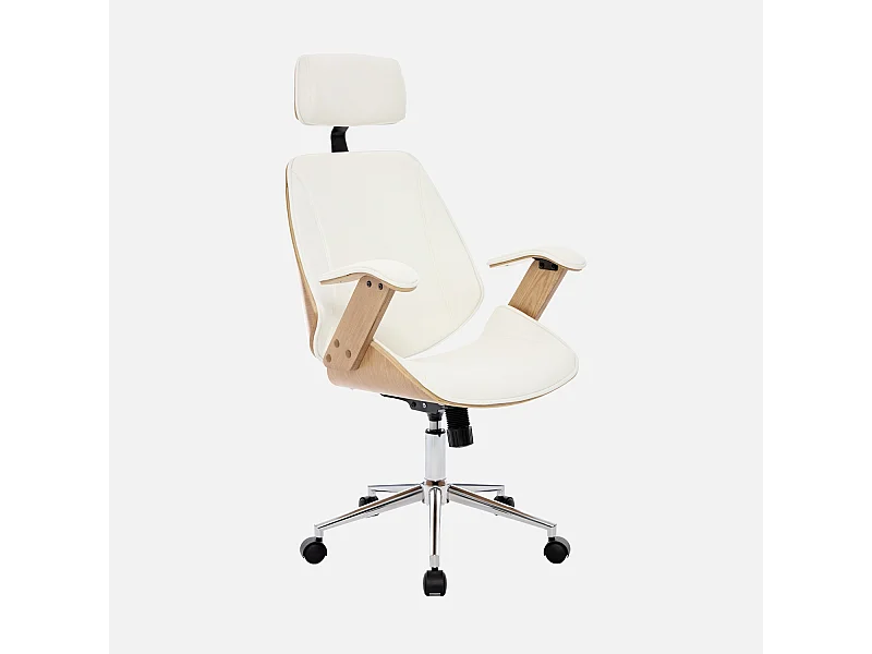 Chaise de bureau à roulettes décor bois courbé placage effet chêne et simili cuir blanc