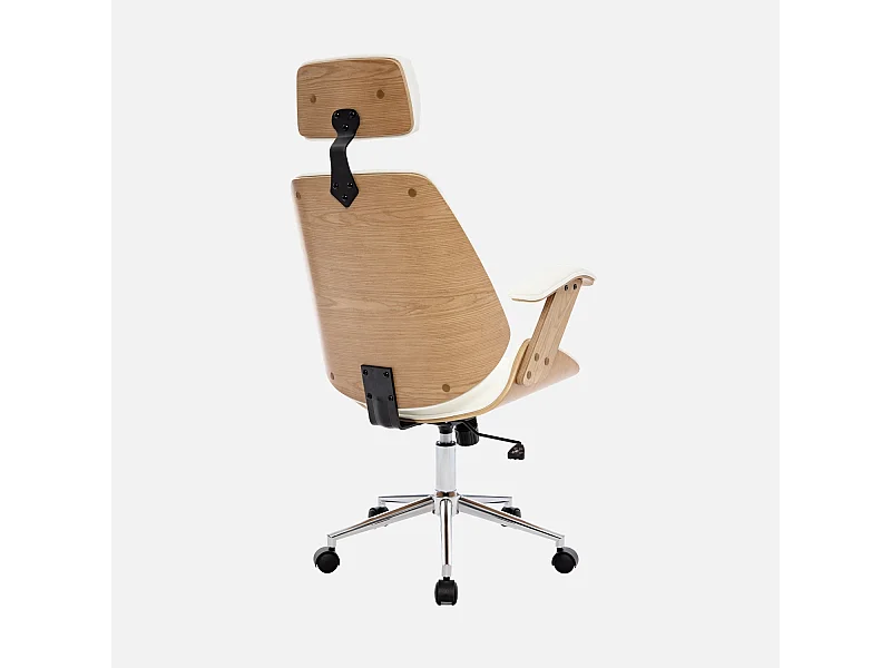 Silla de oficina con ruedas, madera curvada y acabado en polipiel