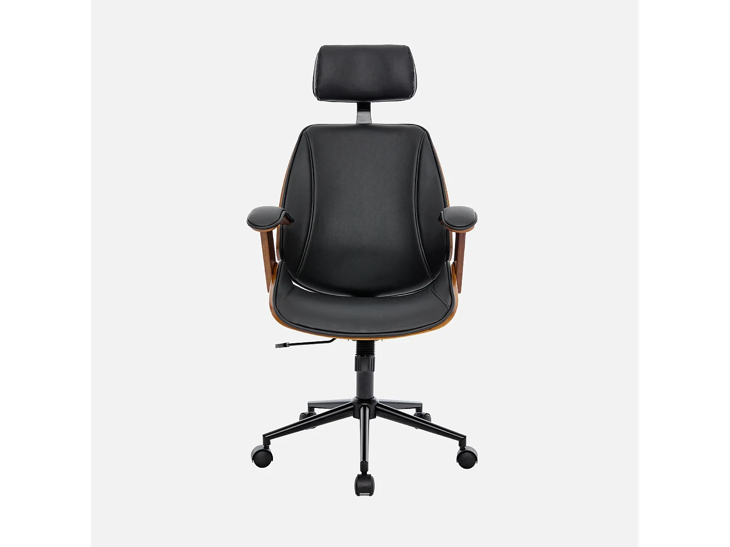 Chaise de bureau à roulettes décor bois courbé placage effet noyer et simili cuir noir