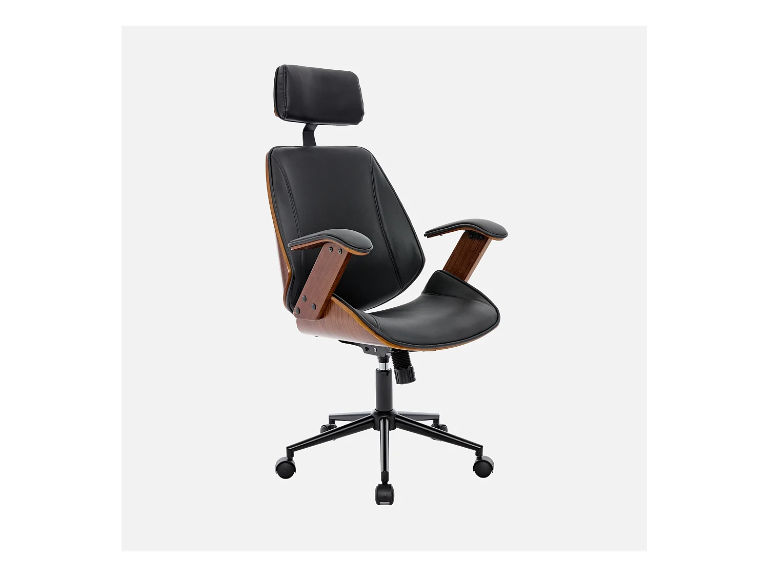 Sedia da ufficio con rotelle, effetto legno curvato e similpelle, nero