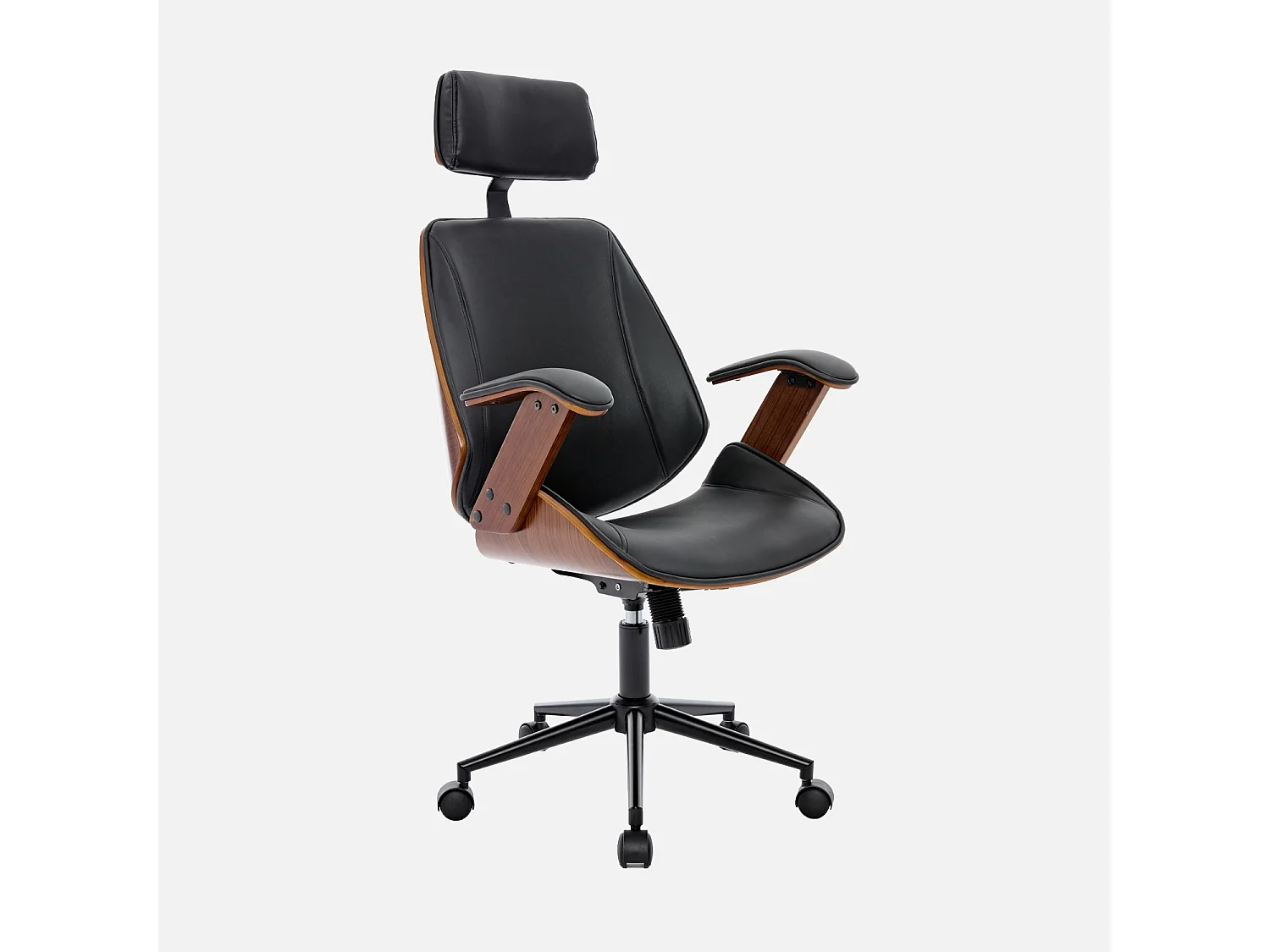 Sedia da ufficio con rotelle, effetto legno curvato e similpelle, nero