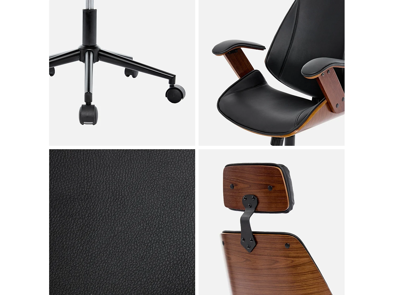 Sedia da ufficio con rotelle, effetto legno curvato e similpelle, nero