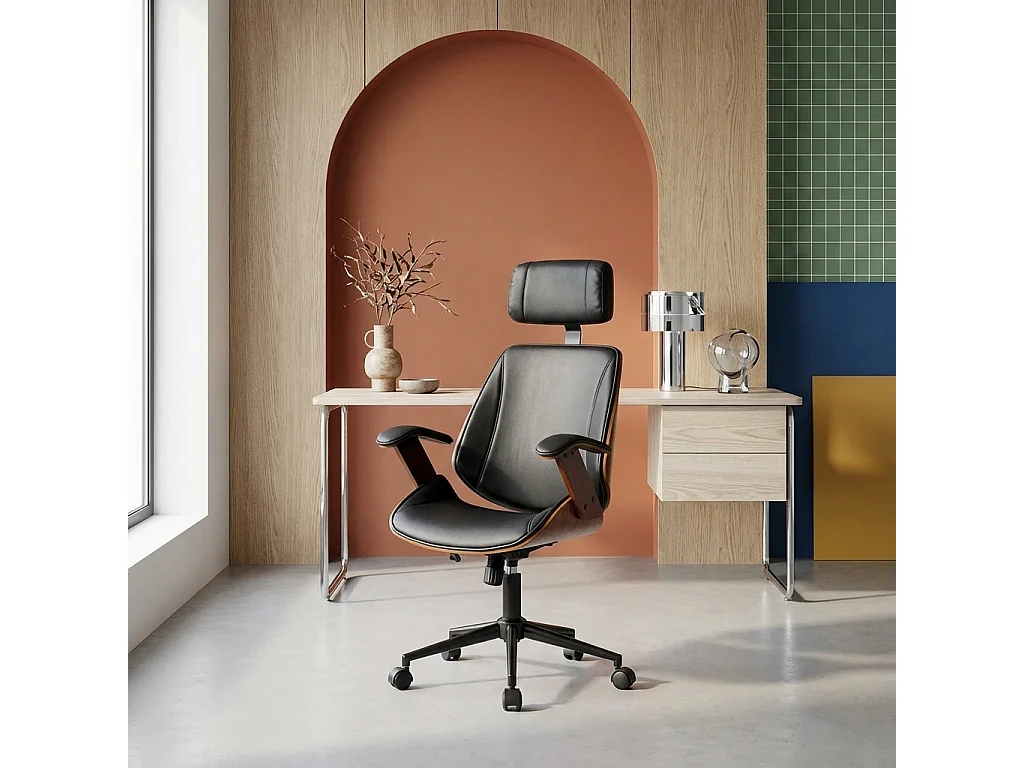 Silla de oficina con ruedas, madera curvada y acabado en polipiel