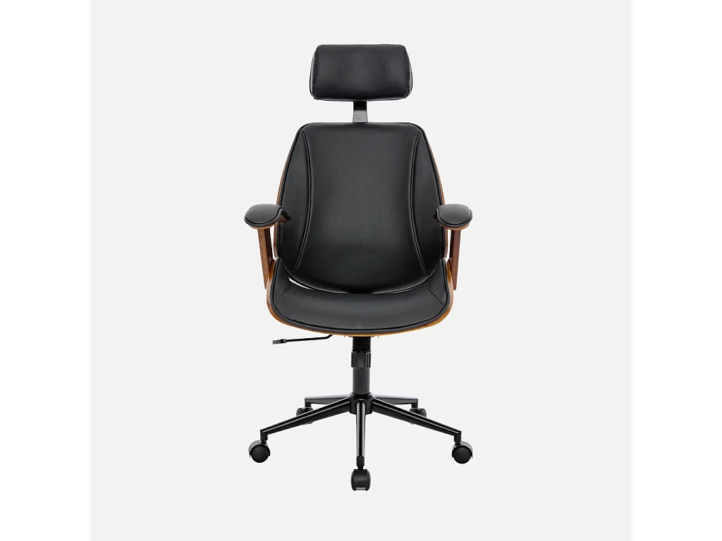 Chaise de bureau à roulettes décor bois courbé placage effet noyer et simili cuir noir