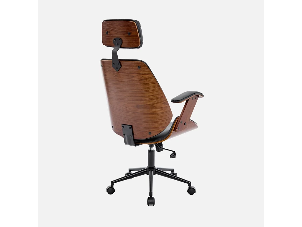 Chaise de bureau à roulettes décor bois courbé placage effet noyer et simili cuir noir