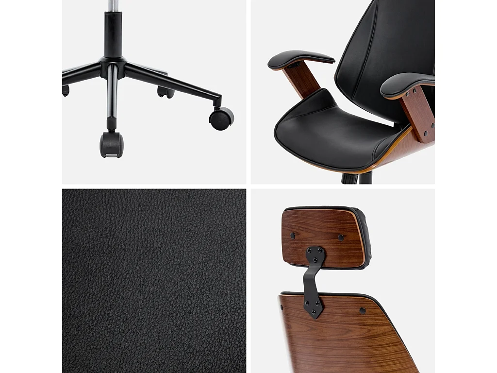 Chaise de bureau à roulettes décor bois courbé placage effet noyer et simili cuir noir