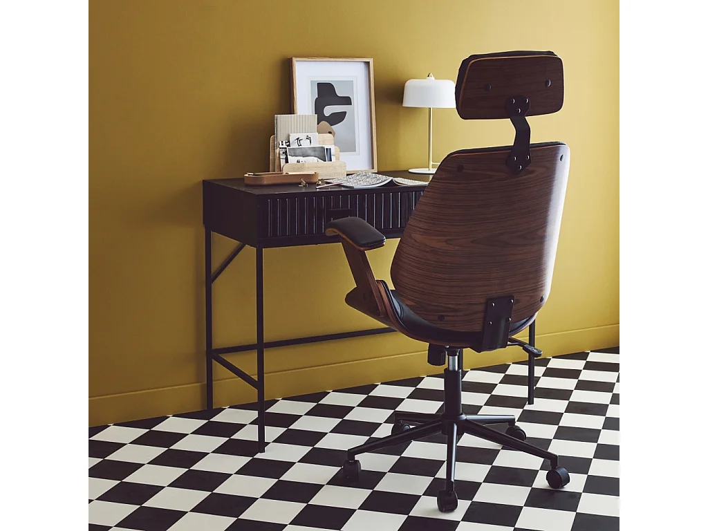 Chaise de bureau à roulettes décor bois courbé placage effet noyer et simili cuir noir
