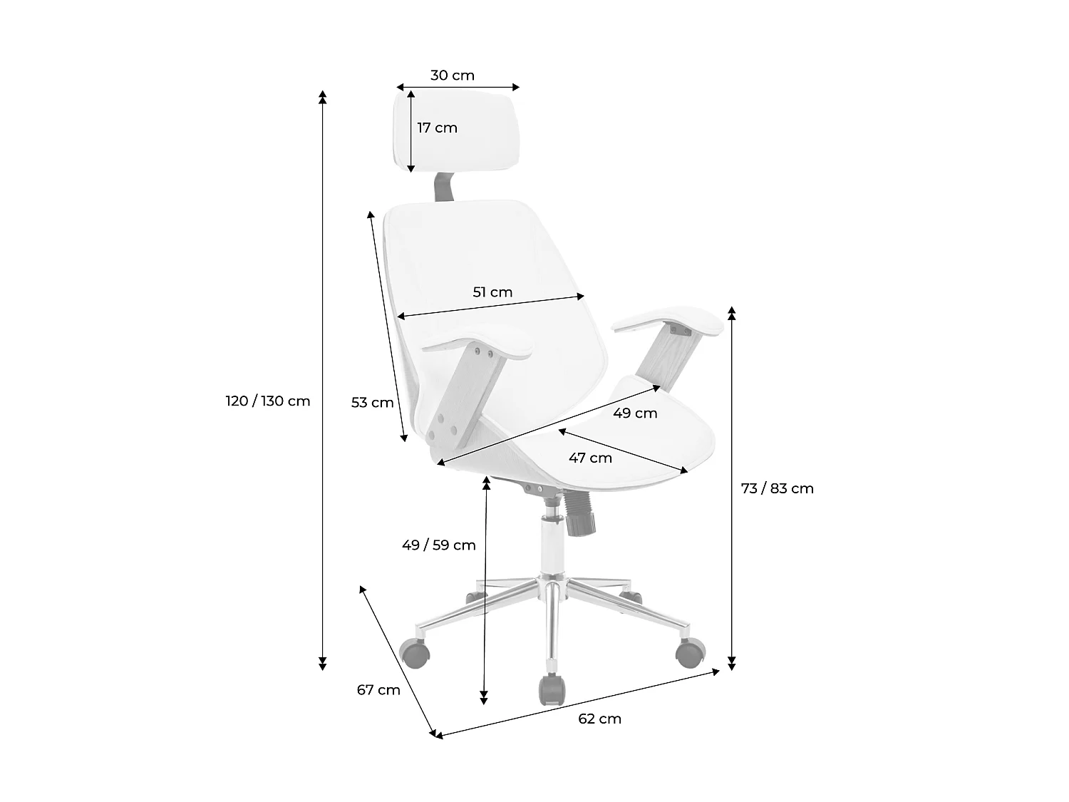 Chaise de bureau à roulettes décor bois courbé placage effet noyer et simili cuir noir