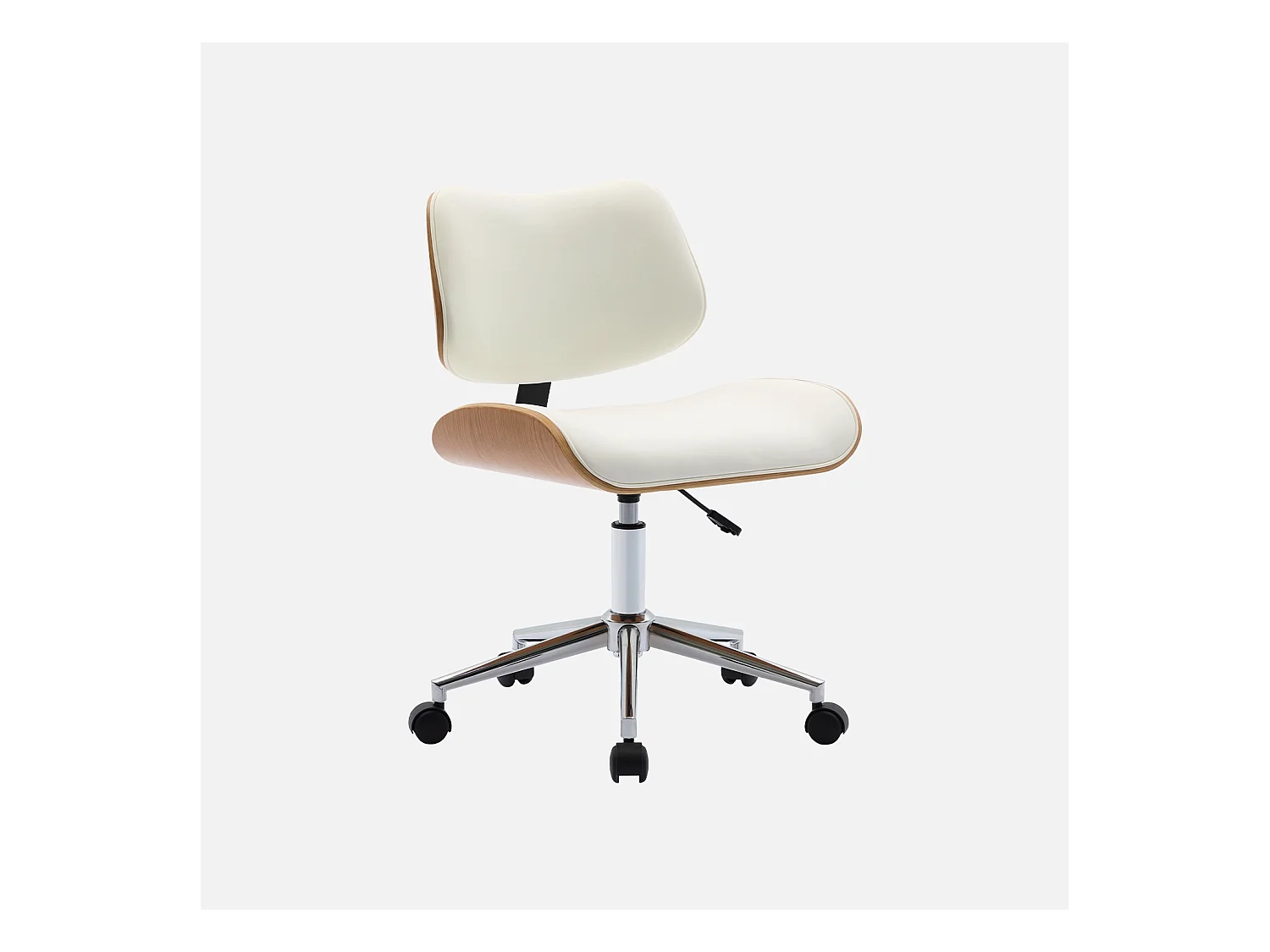 Chaise de bureau à roulettes décor bois courbé placage effet chêne et simili cuir blanc