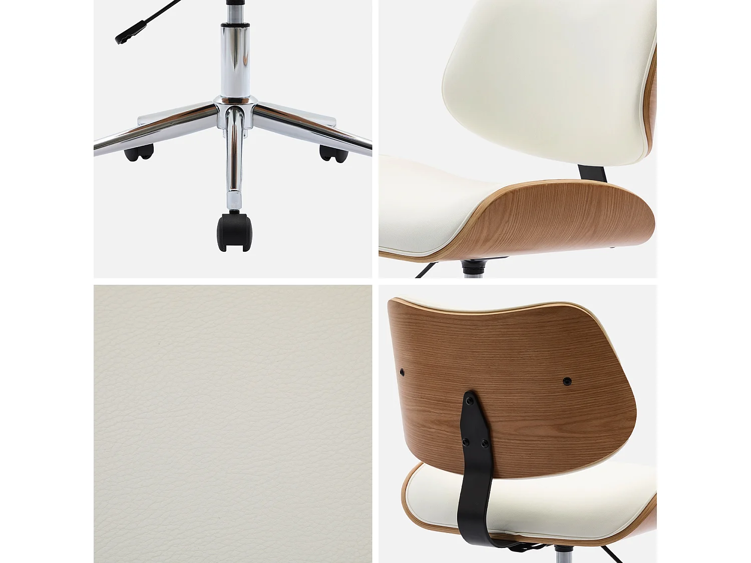 Sedia da ufficio con rotelle, effetto legno curvato e similpelle,