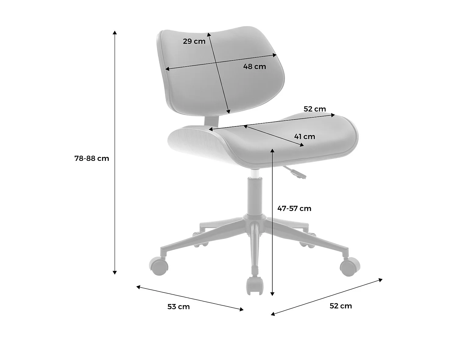 Sedia da ufficio con rotelle, effetto legno curvato e similpelle,