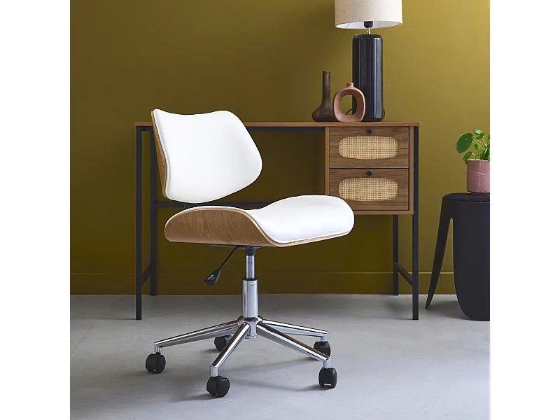 Chaise de bureau à roulettes décor bois courbé placage effet chêne et simili cuir blanc