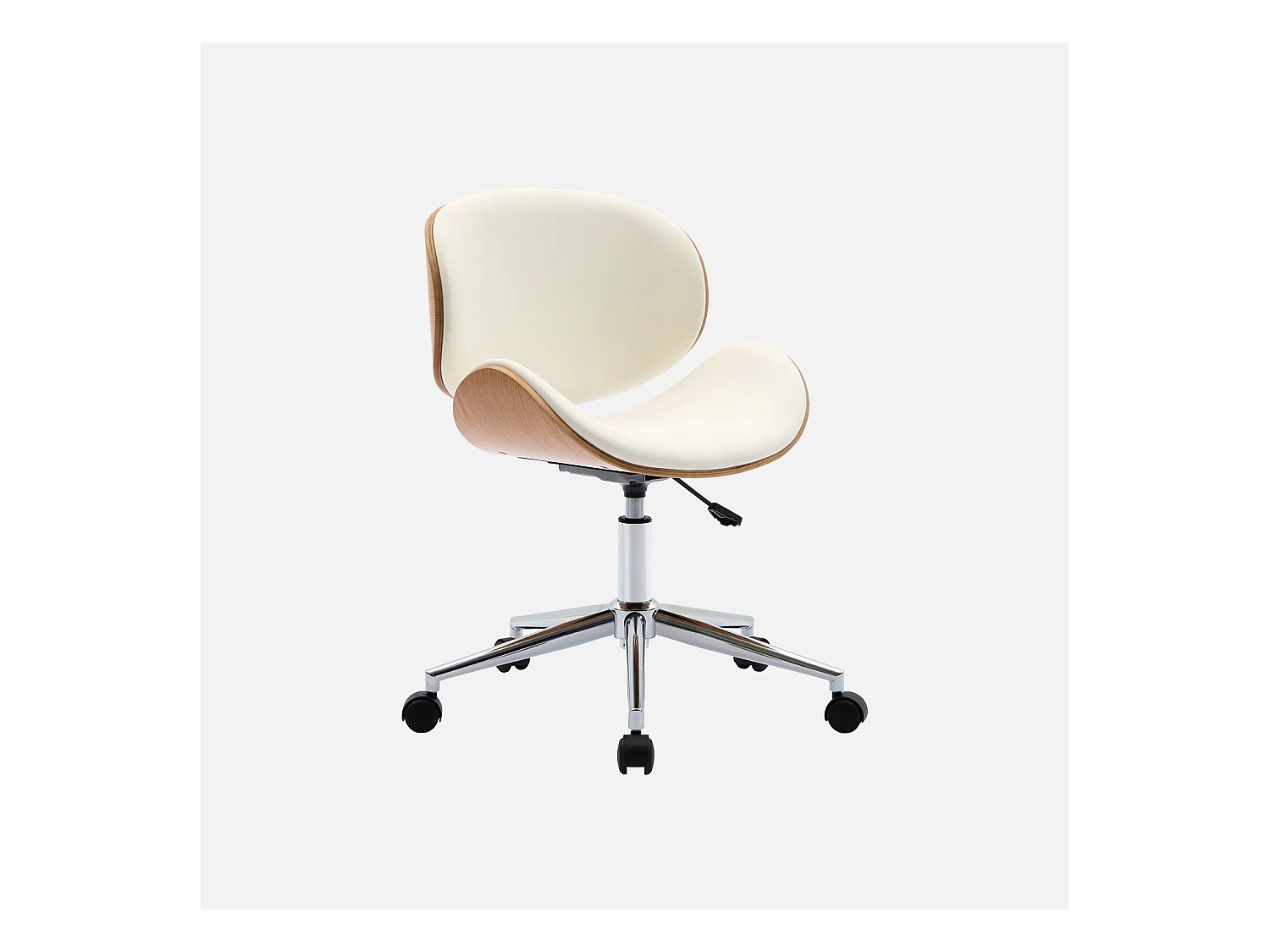 Chaise de bureau à roulettes bois courbé avec placage effet chêne et assise blanche