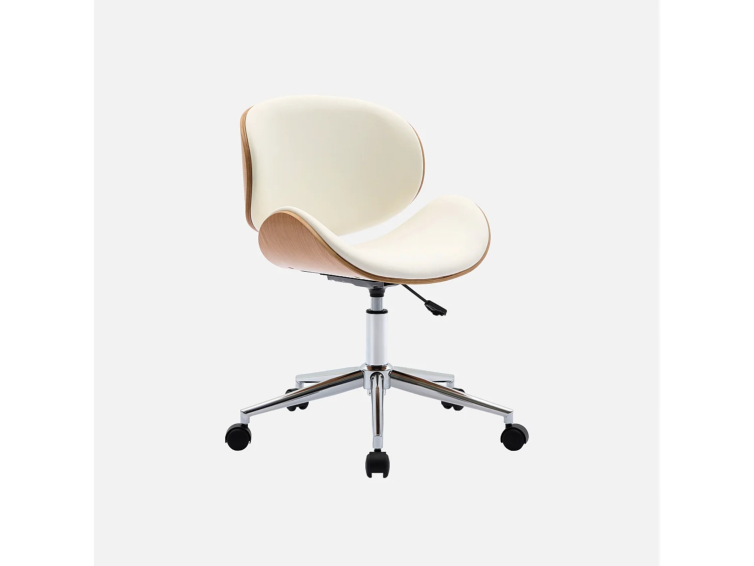 Chaise de bureau à roulettes bois courbé avec placage effet chêne et assise blanche