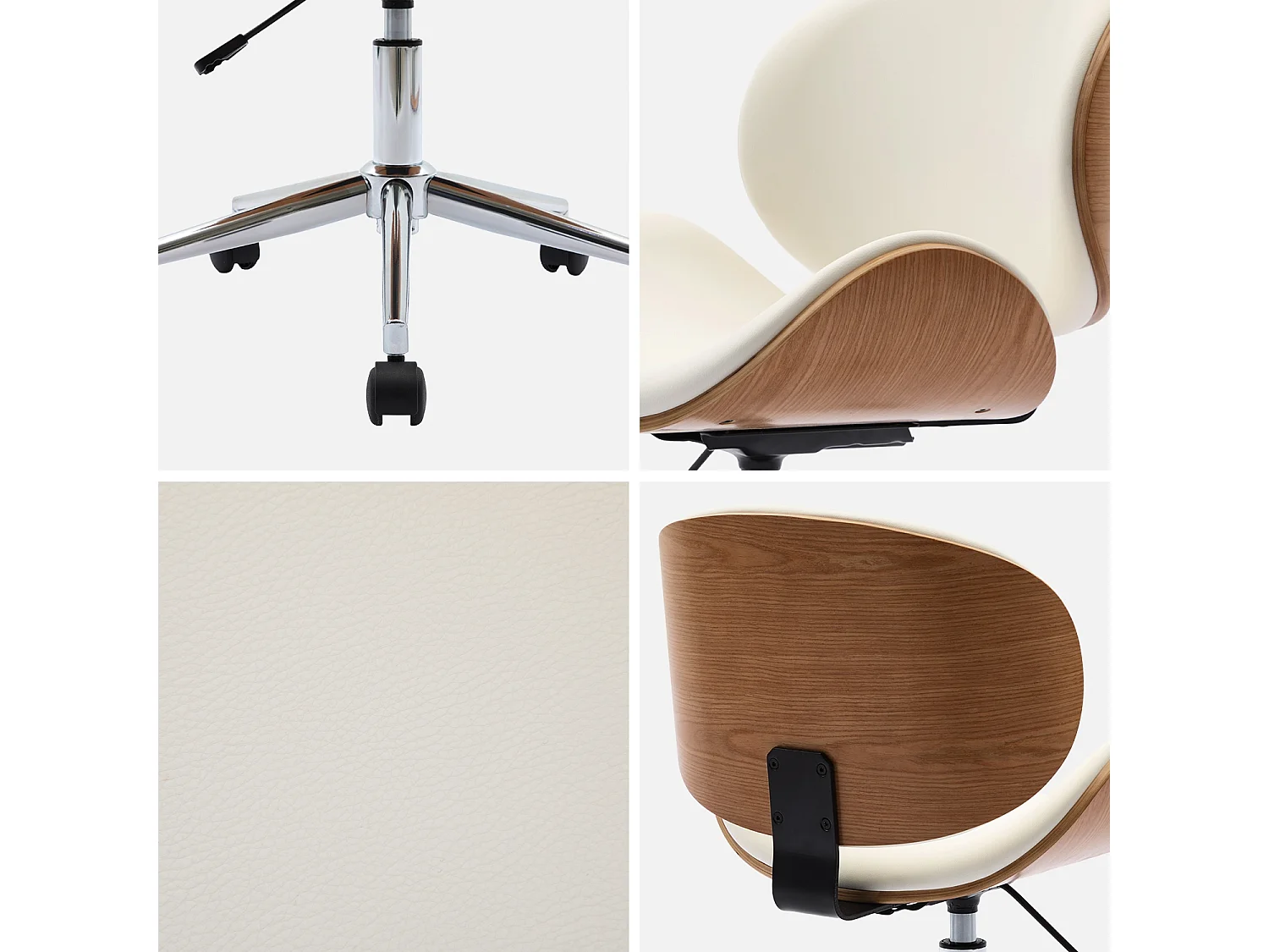 Chaise de bureau à roulettes bois courbé avec placage effet chêne et assise blanche